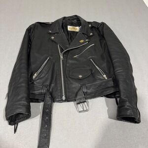 Park V Leather Motorcycle Jacket Mens 40 Black Vintage Biker Belted Made in USA